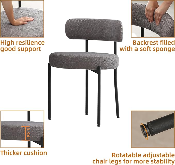 DYHOME Dark Grey Dining Chairs Set of 2, Mid-Century Modern Dining Chairs, Kitchen Dining Room Chairs, Curved Backrest Round Upholstered Boucle Sherpa Dining Chair with Black Metal Legs