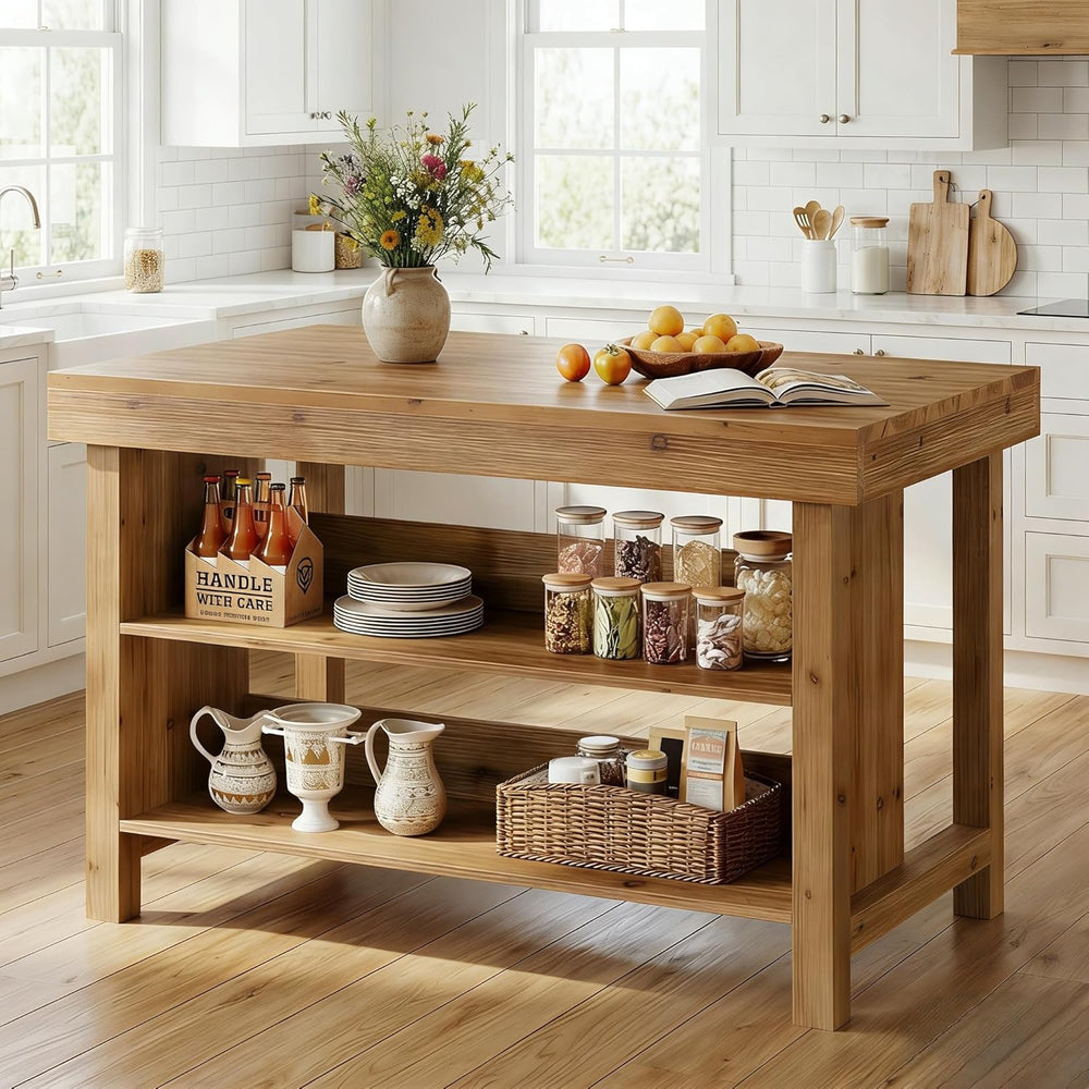 55" Solid Wood Kitchen Island with Storage, Farmhouse Kitchen Island Tab...
