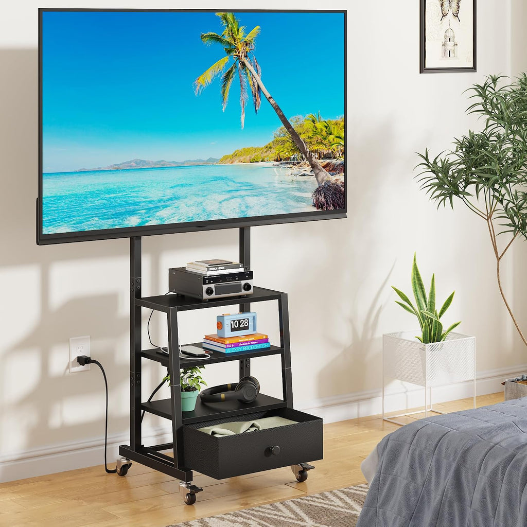 AFLUI Rolling TV Stand with Wheels and Mount & Fabric Drawer - Entertainment Center with Power Outlet and Small TV Stand for Bedroom, Living Room - 15" Black