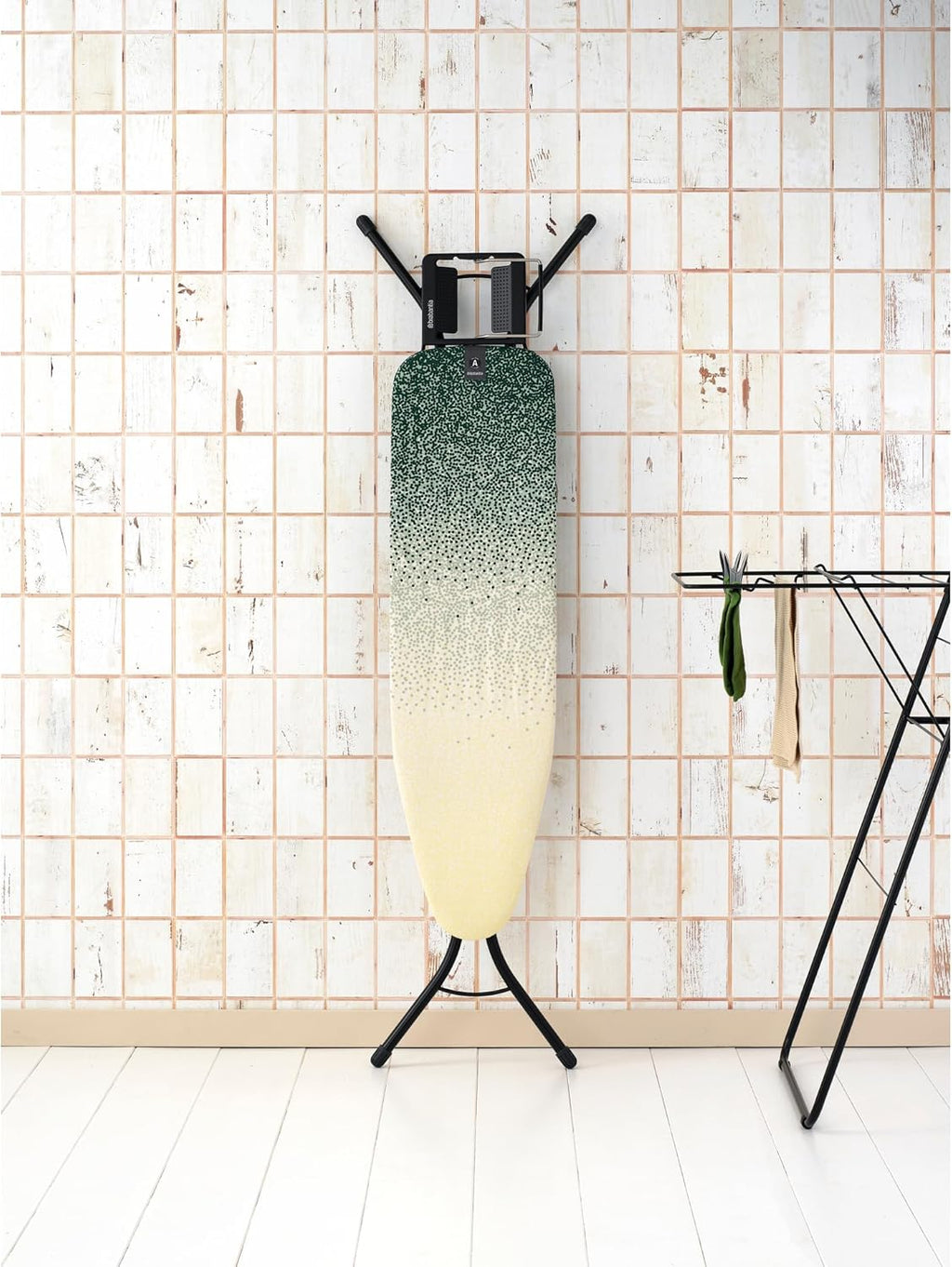 Brabantia Size A Compact Small Ironing Board (43x12 in) 7 Height Options, Adjustable Steam Iron Rest Holder (New Dawn) Non-Slip Feet, Anti-Collapse Child Locks
