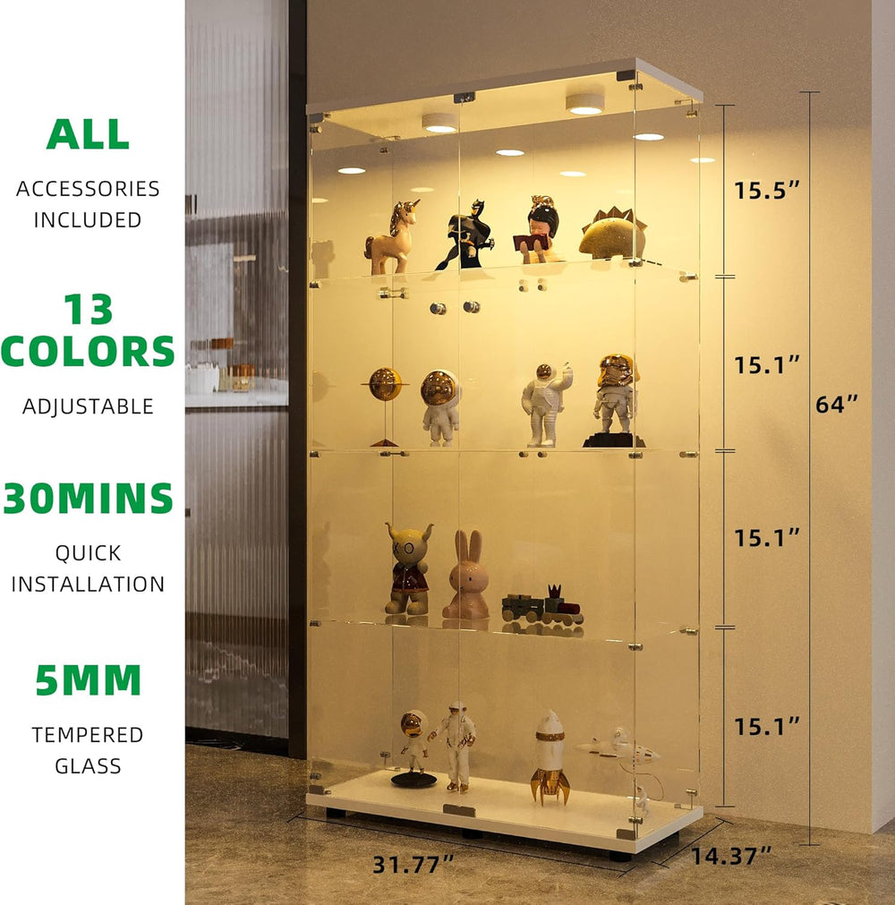 FANYUSHOW Display Cabinet with Glass Door and LED Light, 4-Tier Tempered Glas...