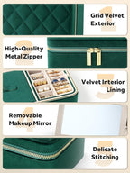 Velvet Travel Jewelry Box with Large Mirror, Double-Layer Jewelry Organizer Case for Women and Girls, Portable Storage Case with 6 Anti-Tarnish Bags Gift Ready for Her (Emerald Green)
