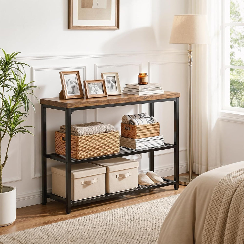 Besiost 32" Industrial Console Table with 3-Tier Storage, Oak Grey | Sma...