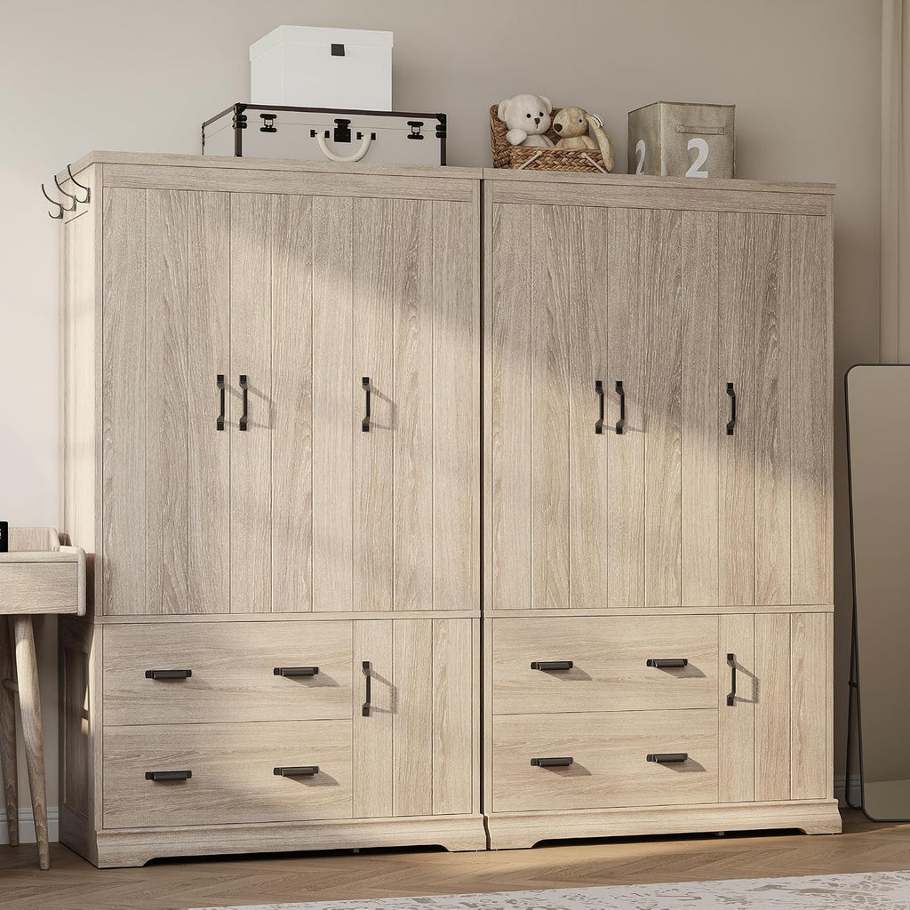 LIKIMIO Wardrobe Closet, 70" Tall 4 Doors Large Wooden Closet with 2 Drawers, 3 Shelves Bedroom Armoire with Hanging Rod, Freestanding Storage Cabinet for Hanging Clothes, Light Oak