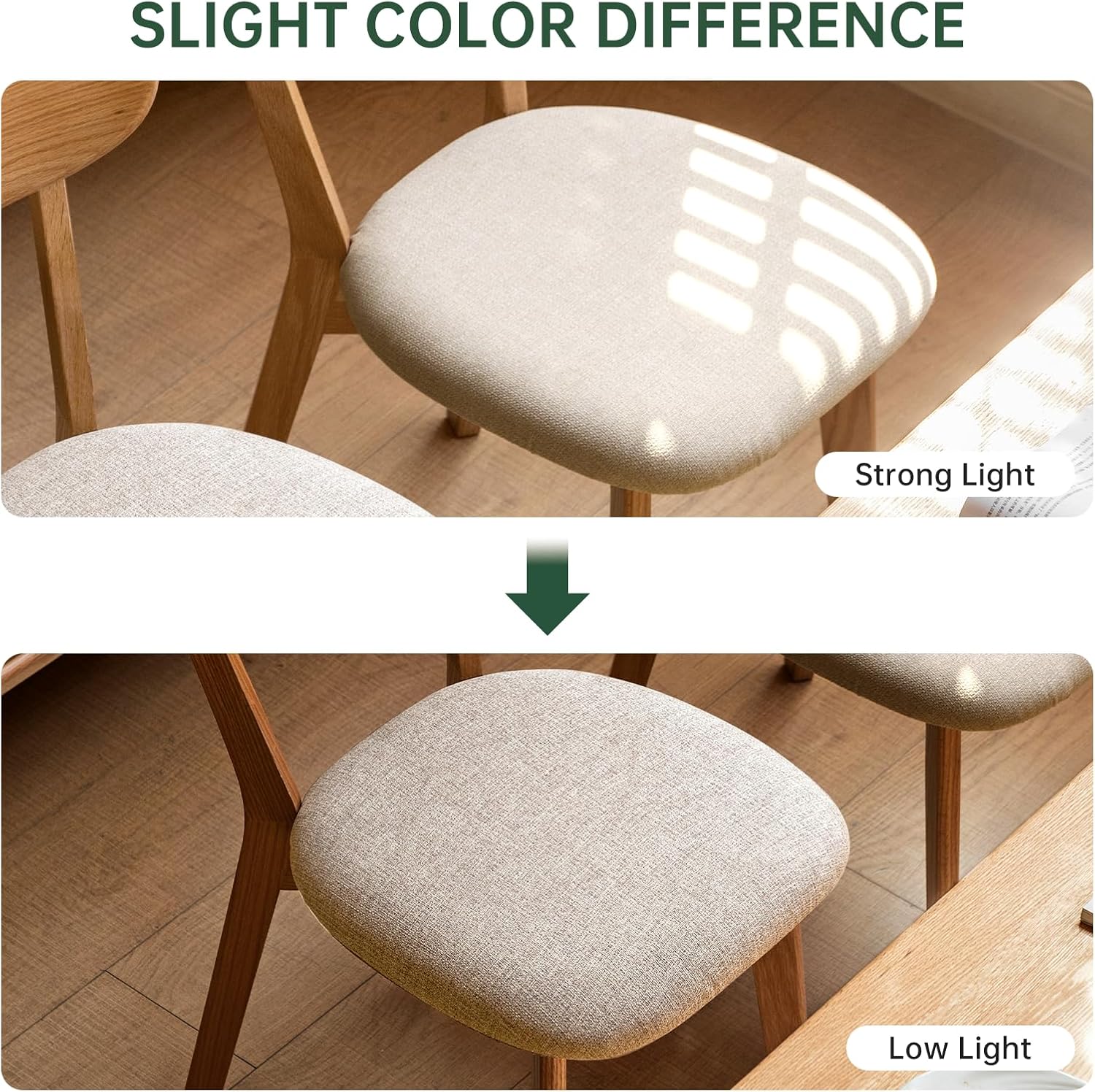 100% Solid Oak Dining Chairs, Mid Century Modern Dining Chair with Curved Backrest, Fabric Upholstered Dining Chairs for Kitchen, Study, Living Room (4, Original Wood-Pear White Cushion)
