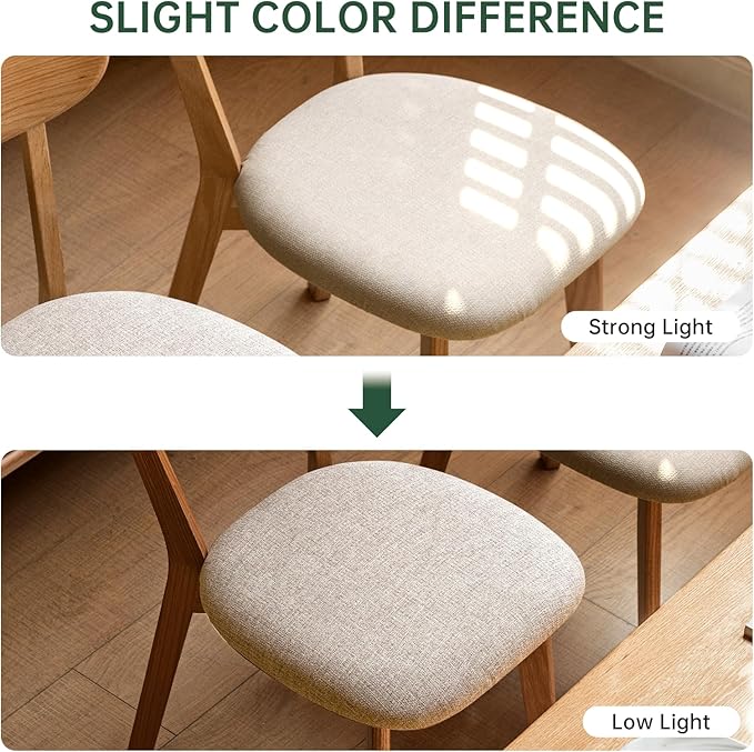 100% Solid Oak Dining Chairs, Mid Century Modern Dining Chair with Curved Backrest, Fabric Upholstered Dining Chairs for Kitchen, Study, Living Room (2, Original Wood-Pear White Cushion)