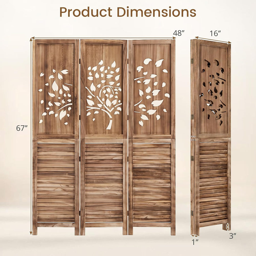 GIANTEX 3 Panel Folding Room Divider with Tree Leaf Cutout & Louvered Slats