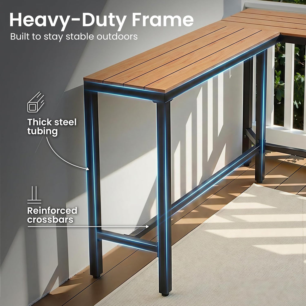 Outdoor Bar Table, 55" L-Shaped Pub Table with Slatted Waterproof Top | Slatted Tabletop, Weather-resistant, Sturdy Frame, Versatile for Balcony, Backyard, Bistro, Garden, Poolside.