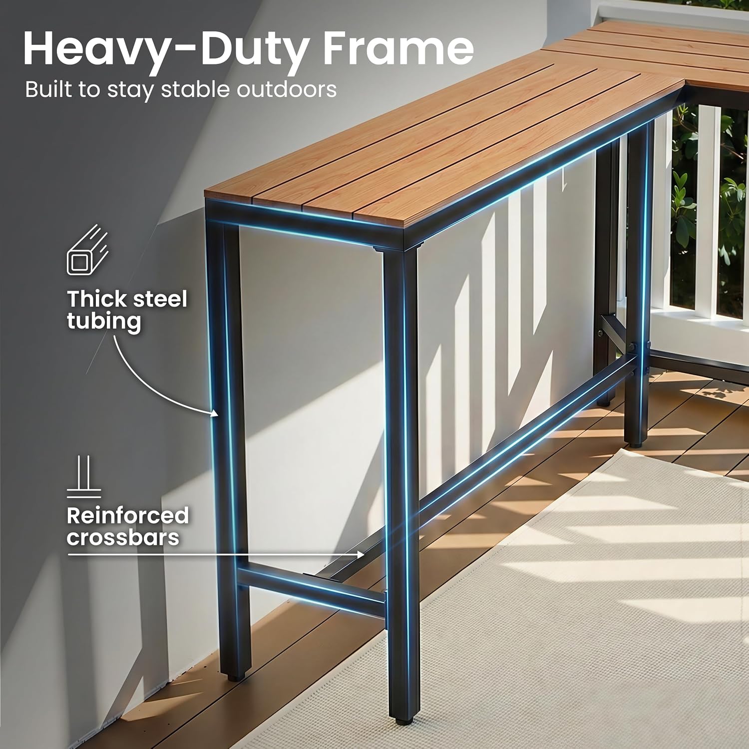 Outdoor Bar Table, 55" L-Shaped Pub Table with Slatted Waterproof Top | Slatted Tabletop, Weather-resistant, Sturdy Frame, Versatile for Balcony, Backyard, Bistro, Garden, Poolside.