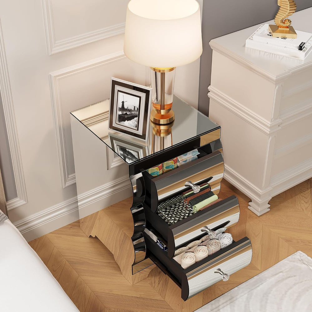 Silver Modern Mirrored Nightstand with 3 Drawers, Baked Curved Glass Bedside ...