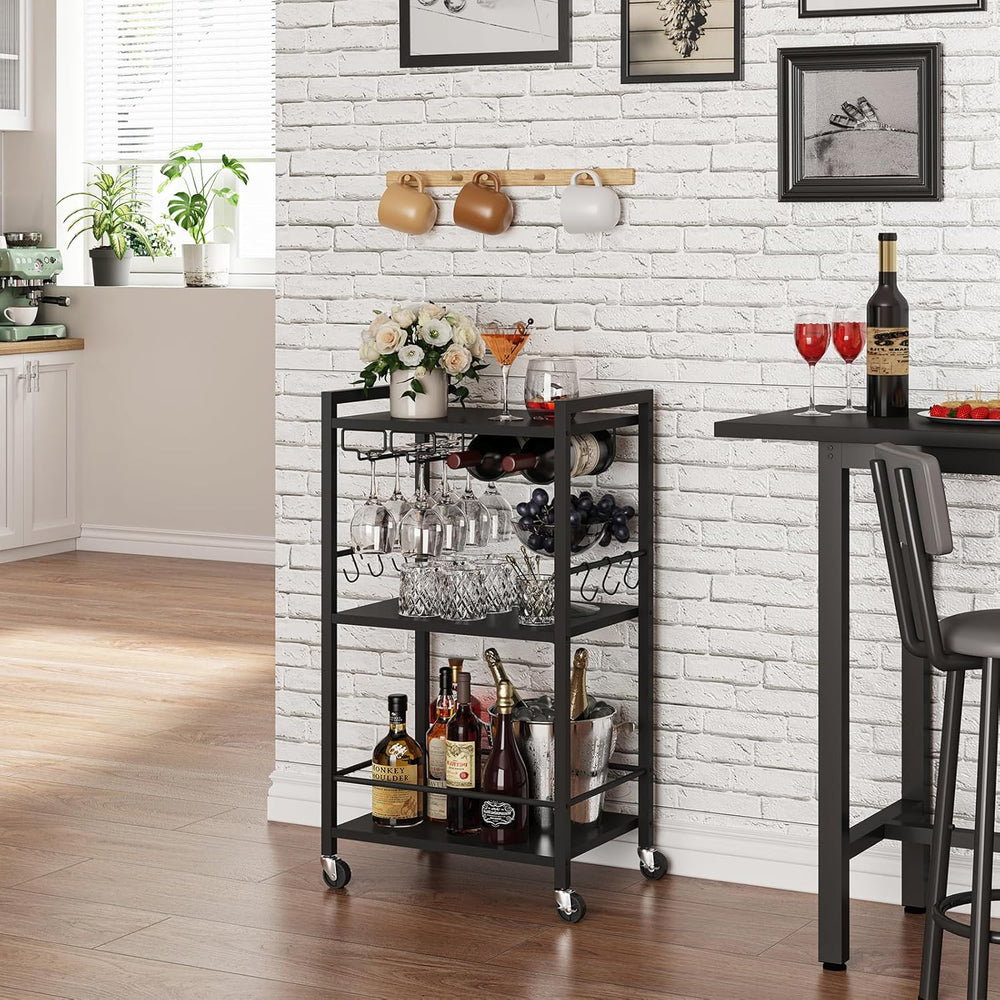 TUTOTAK Bar Cart with Wheels, Mini Drink Cart with Wine Rack & Glass Hold...
