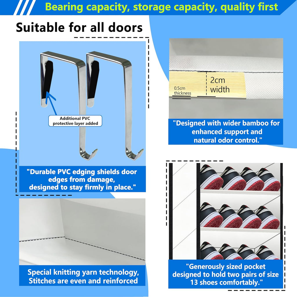 Over The Door Shoe Organizer, 70 Pounds Large Capacity, white shoe rack，20-30-Pair shoe organizer, Heavy Duty-Extra Deep Pockets ,Anti-Scratch Hooks & FSC-Certified Bamboo ,for Men’s Size 13 shoe
