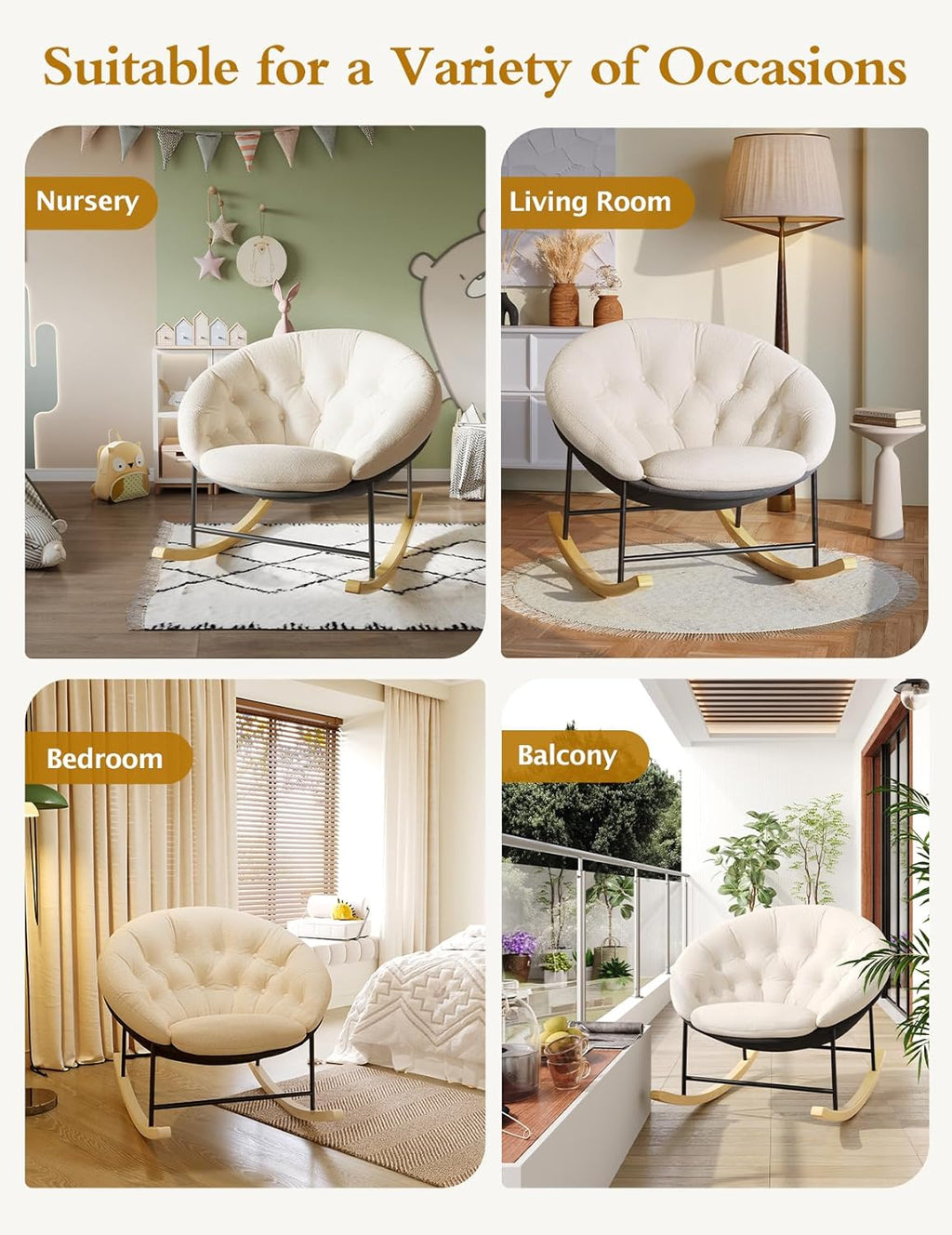 Kidirect Wide Rocking Chair Nursery, Comfy Saucer Nursery Rocking Chairs with Removable Cushion, Indoor Papasan Nursing Chair for Breastfeeding, Mecedora Para Adultos for Living Room & Bedroom (Cream) | Comfy Saucer, Removable Cushion, Indoor Papasan