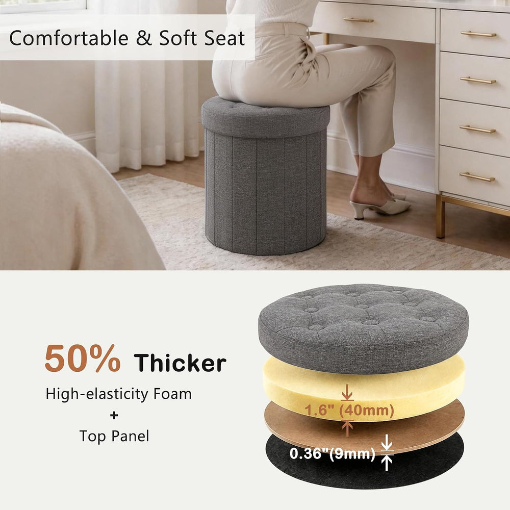 CAROLMADE Round Storage Ottoman, Linen Vanity Stool