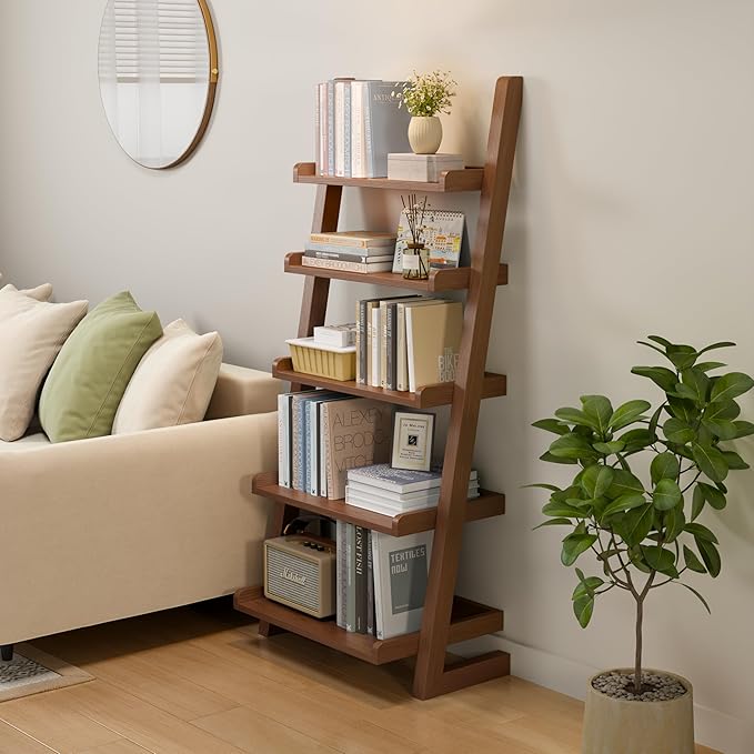 Walnut Wooden Ladder Shelf with Edges, 5-Tier Modern Leaning Bookshelf Ladder – Stylish Space-Saving Bookcase for Living Room, Bedroom & Home Office