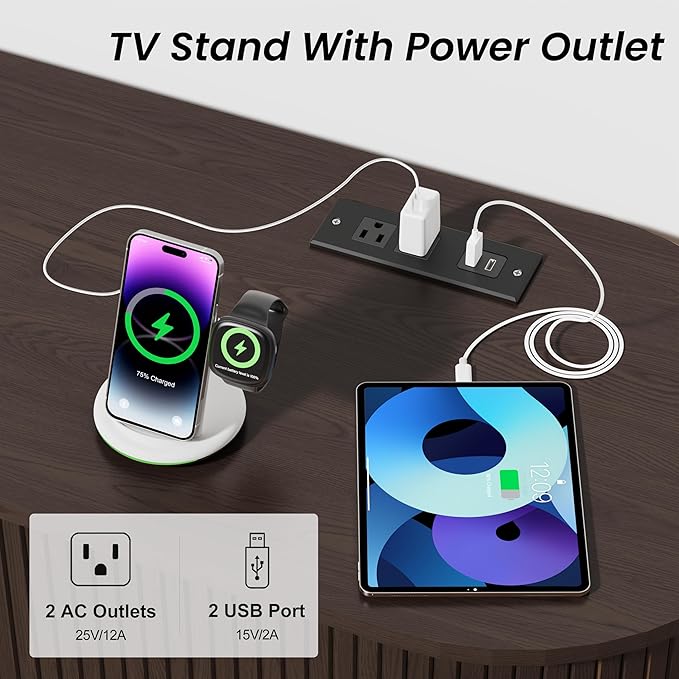 DHH 63 Inch Mid Century Modern TV Stand with Power Outlet for TVs up to 70 Inch, Entertainment Center with Storage and Adjustable Shelves, Media Console with Sliding Doors for Living Room(Brown)