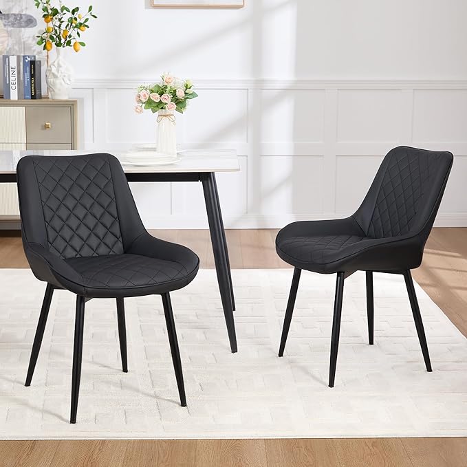 Dining Chair Set of 2, Modern Dining Chairs with Thick Cushions, Faux Leather Upholstered Kitchen Dining Room Chairs with Metal Adjustable Legs for Dining Living Room, Black