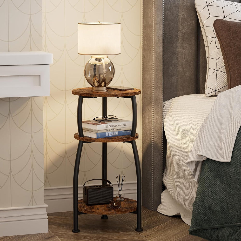 Small Round Side Table for Small Spaces, 3-Tier End Table with Storage Shelf,...