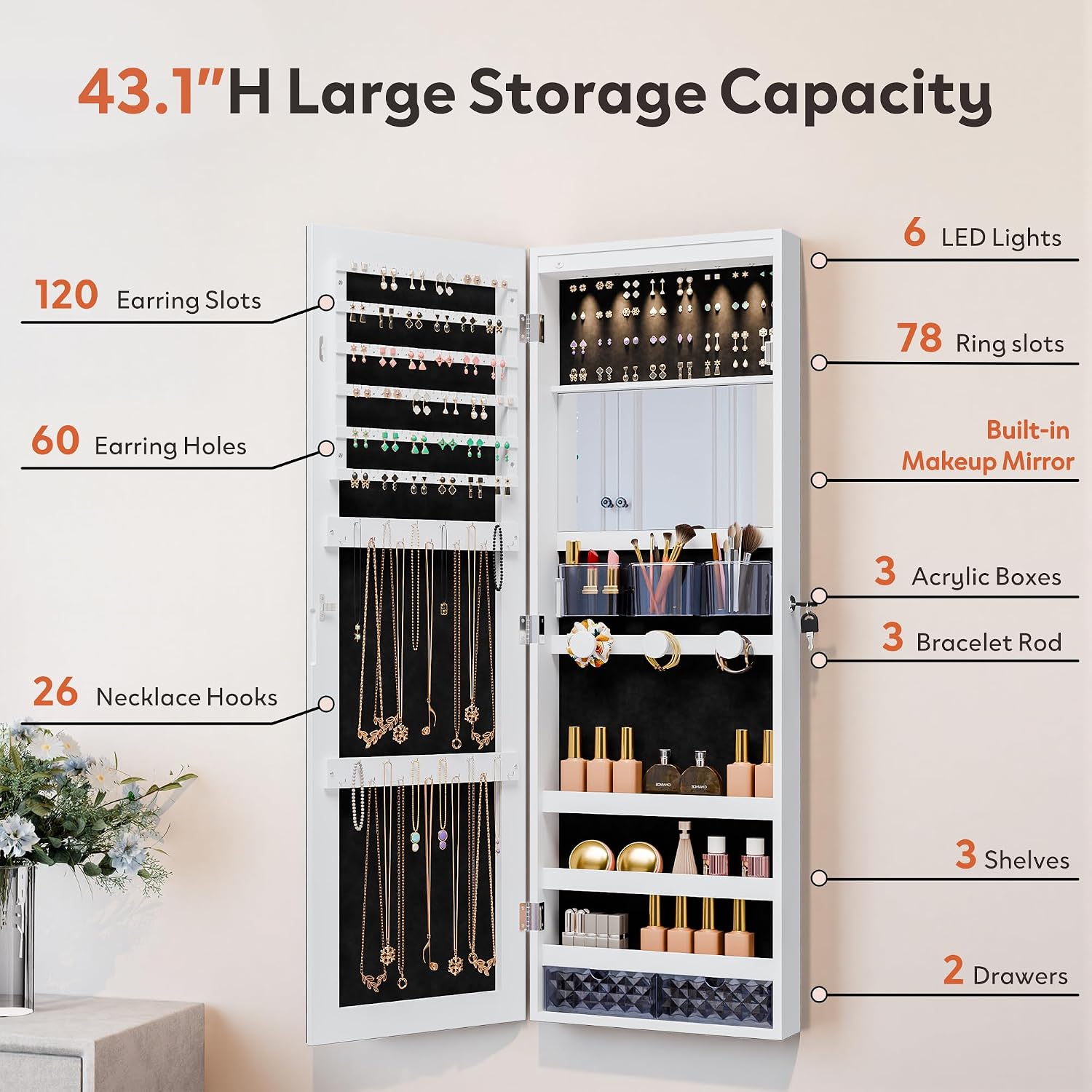 Unisakey Lockable Mirror Jewelry Cabinet LED Lights Wall Mount White | Door or Wall Mount Flexible,Drawers Cosmetic Trays Shelves Inside,Built-in Full-Length Mirror,Dimensions 14.4"×3.15"×43.1"