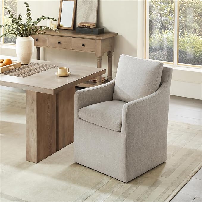 Upholstered Dining Chairs with Casters, No Assembly Modern Accent Armchair with Rollers for Dining Room, Bedroom, Living Room, Reading Room, Already Assembled, Sand, 1 Box