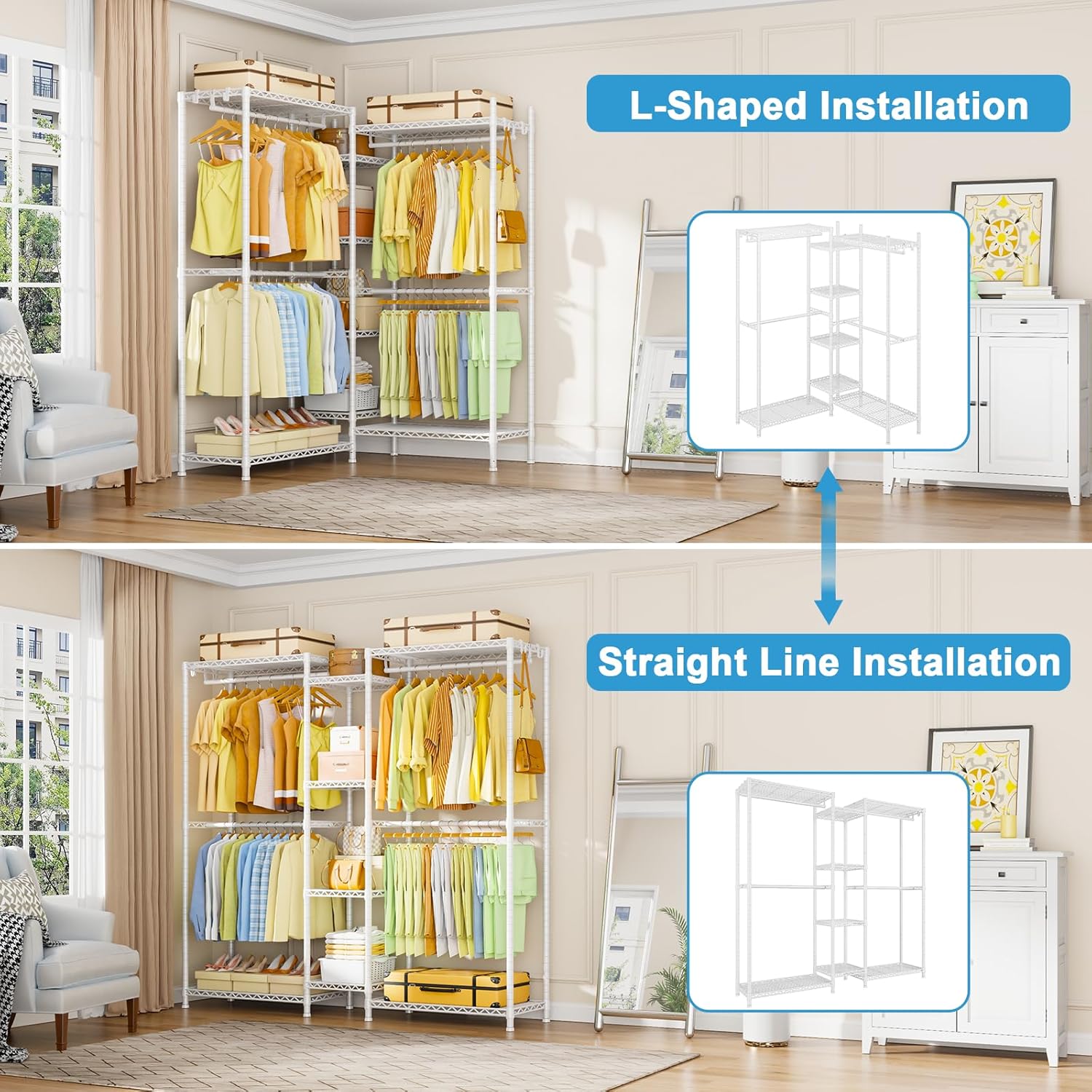 Ulif E4 Clothes Rack, Heavy-Duty Garment Rack, Metal Freestanding Clothing Organization Storage System Can Be L-shaped with Shelves and Hangers, Max Load 962lbs, 71.6" W x 14.5" D x 79.3" H, White