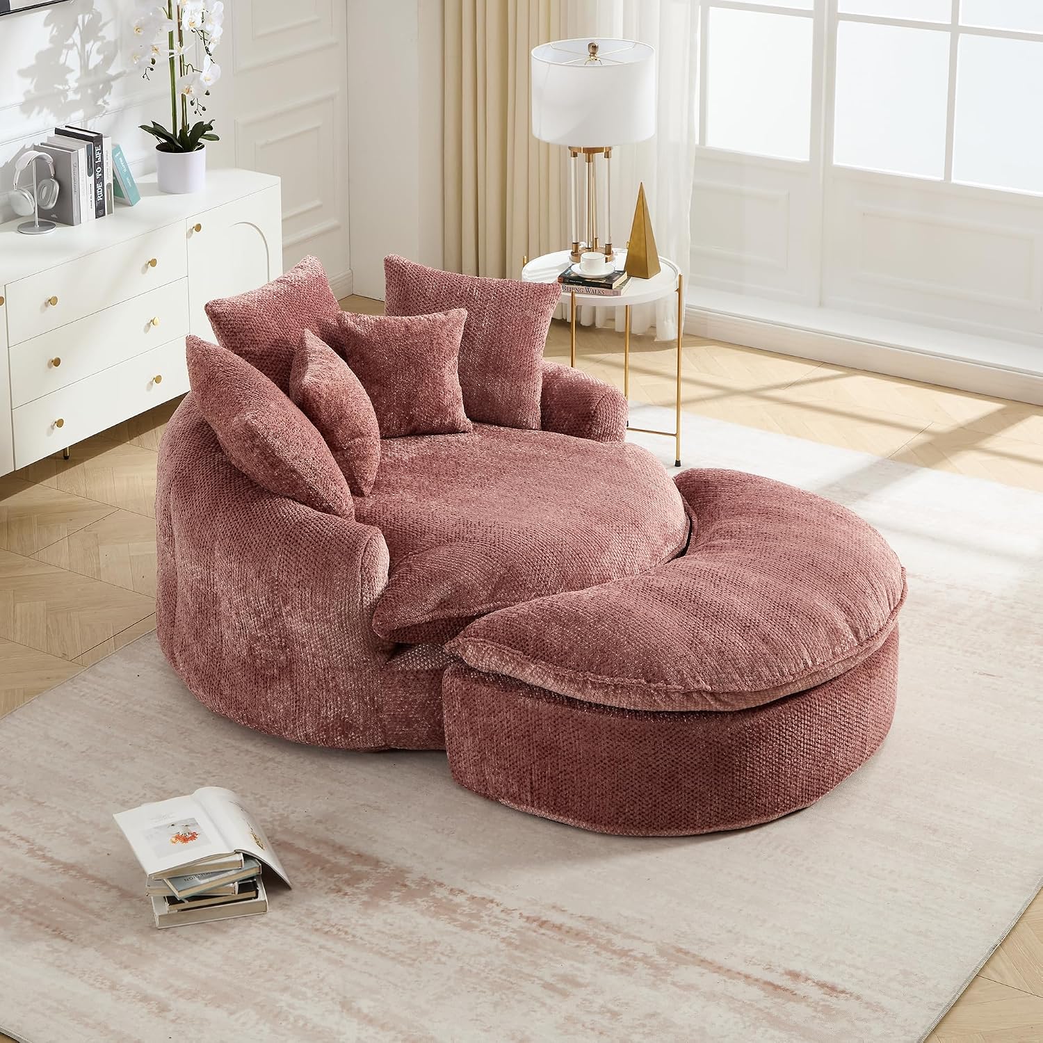 54'' Oversized Round Bean Bag Chaise Lounge Barrel Chair with Movable Ottoman, Fluffy Cloud Couch Boneless Round Sofa Chair for Living Room, Bedroom, Apartment, Pink