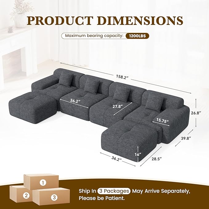 158" U Shaped Convertible Modular Couch, Cloud Couch Sectional with Ottoman, 6-Seater Chenille Boneless Couches for Living Room, Apartment, No Assembly, Grey Black 1PCS