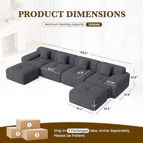 158" U Shaped Convertible Modular Couch, Cloud Couch Sectional with Ottoman, 6-Seater Chenille Boneless Couches for Living Room, Apartment, No Assembly, Grey Black 1PCS