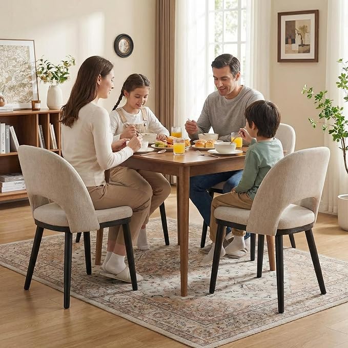Wooden Dining Chairs Set of 6, Upholstered Kitchen Dining Room Chair, Modern Linen Fabric hollowed out Dinner Chair with Leveling Feet/hollowed out Backrest Support for Dining Room, Living,Beige