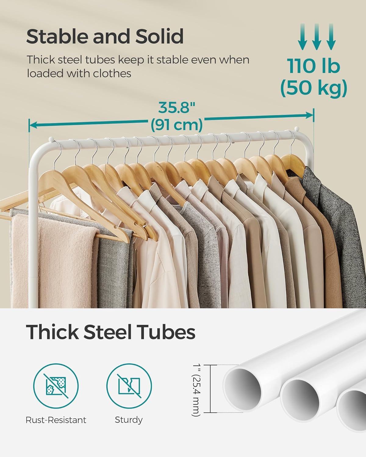 SONGMICS Clothes Rack with Wheels, Double-Rod Clothing Rack for Hanging Clothes, 25.4mm Metal Garment Rack with Dense Mesh Storage Shelf, 110 lb Load Capacity, 2 Brakes, White UHSR027W01