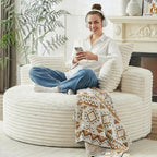 55" L Corduroy Sponge Single Sofa, Oversized Round Chair, Fluffy Modern Sleeper Chairs for Living Room, Lounge and Projection Room, Wide Armrest Lounge Chairs, Armchair with Pillow White
