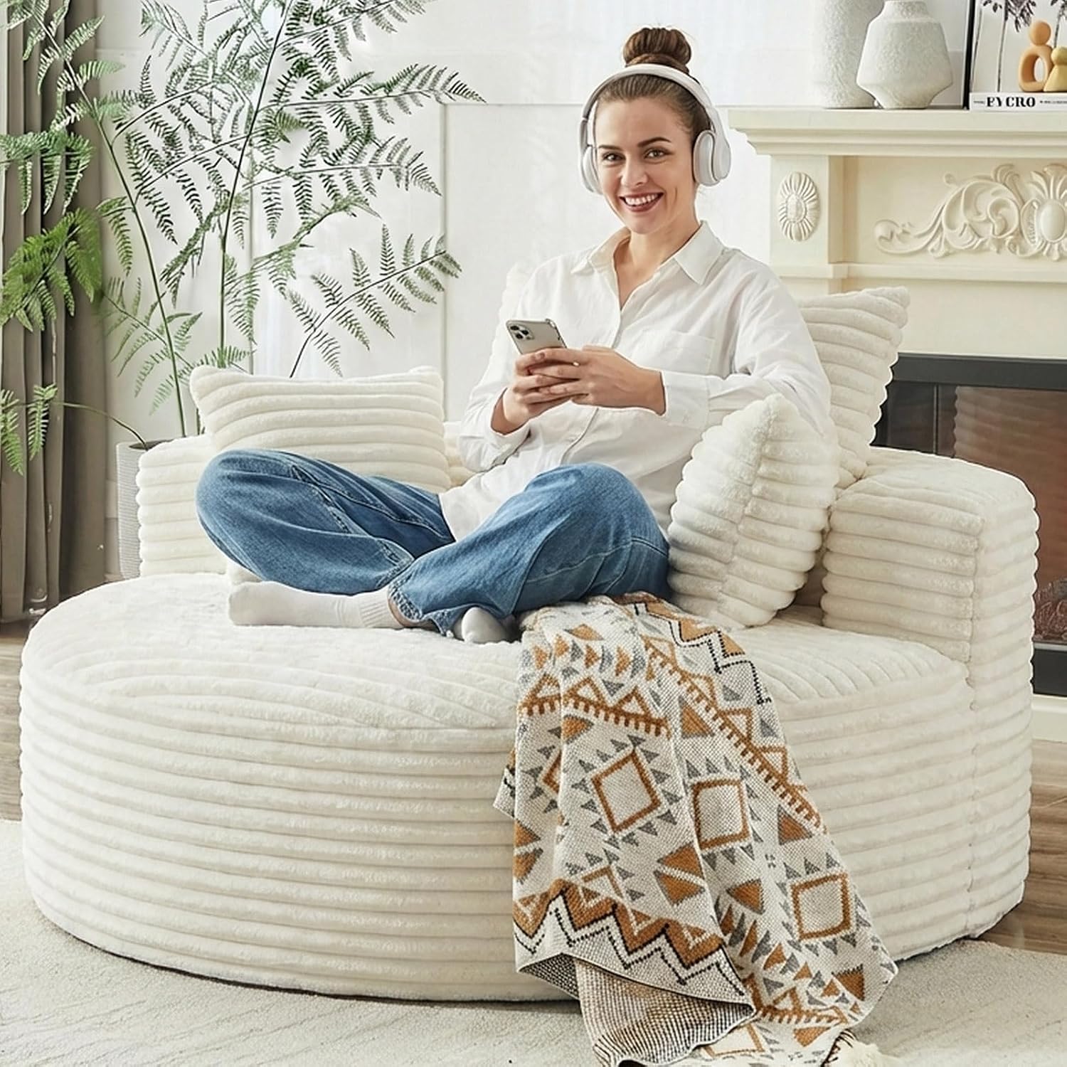 55" L Corduroy Sponge Single Sofa, Oversized Round Chair, Fluffy Modern Sleeper Chairs for Living Room, Lounge and Projection Room, Wide Armrest Lounge Chairs, Armchair with Pillow White