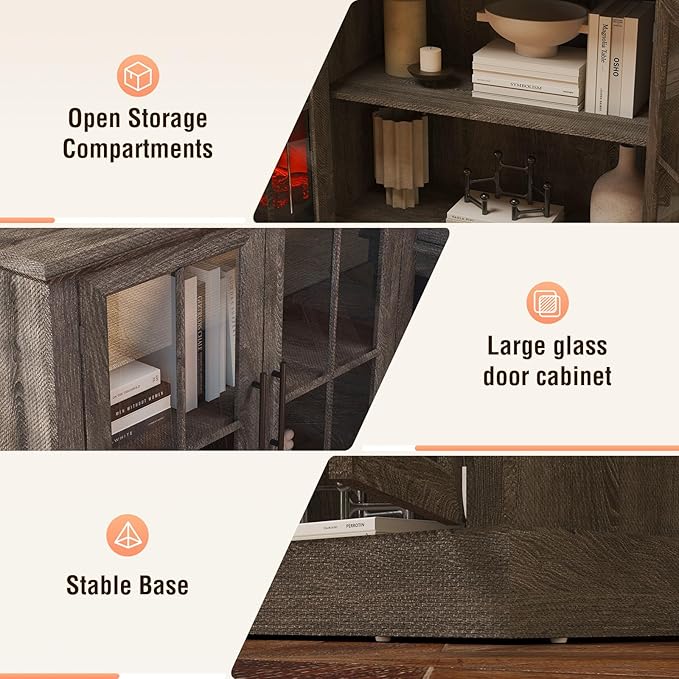 98" Farmhouse TV Stand with 36" Fireplace for TVs up to 100", Media Entertainment Center with Adjustable Shelves and Large Storage Cabinets, for Living Room, Gray & Black