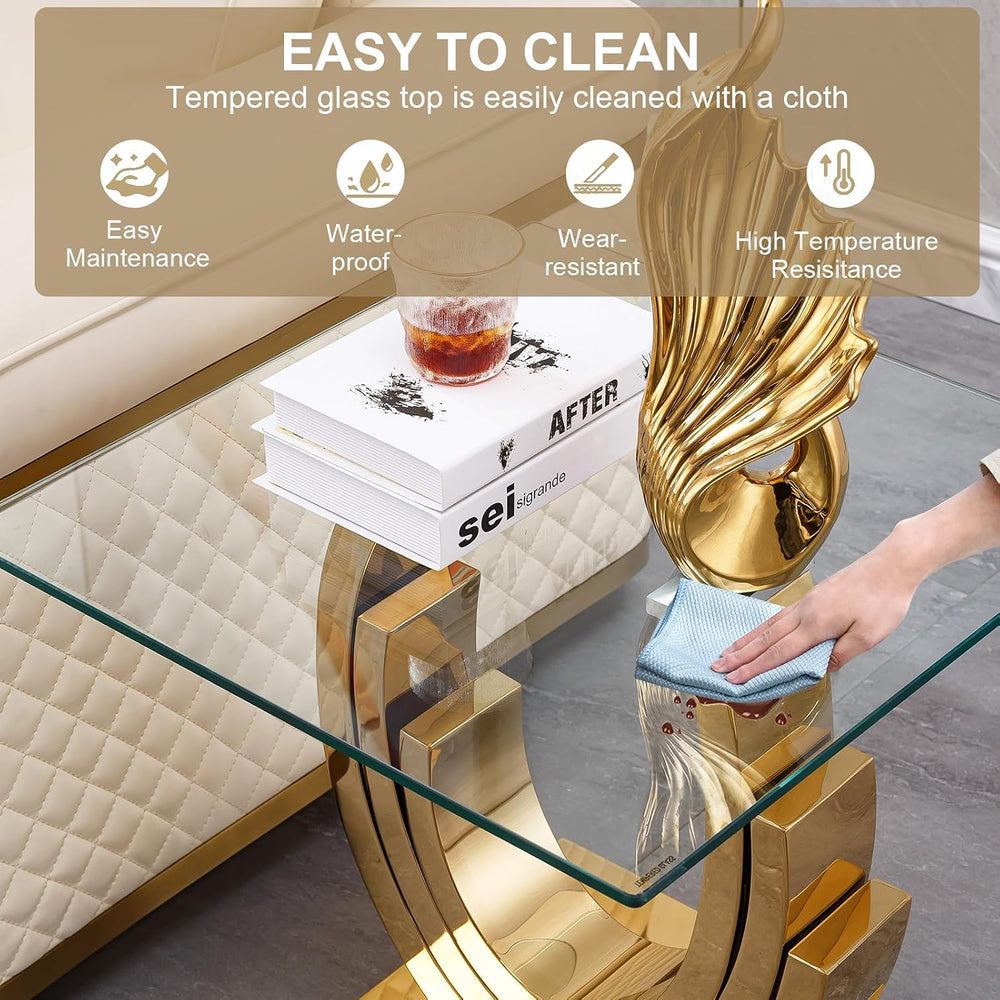 Luxury Gold Glass End Table, 22.6" Square Sofa Side Table with Mirrored ...