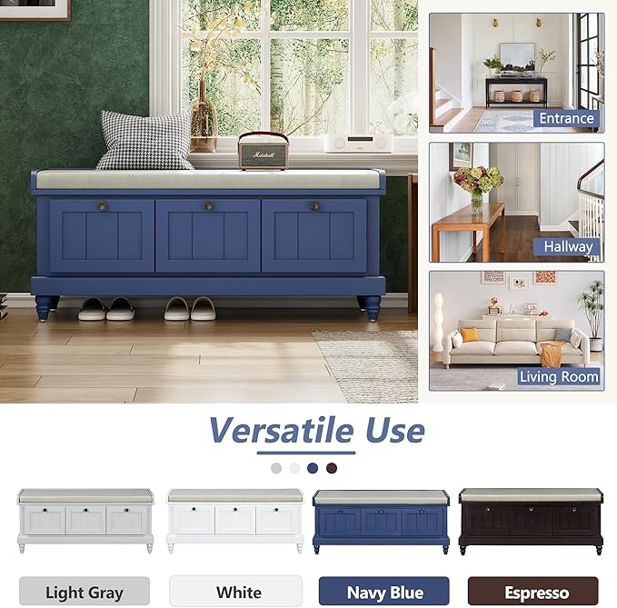 Merax Classic Storage Bench with Cushioned Seat and Three Drawers for Entryway & Living Room & Bedroom, Navy Blue