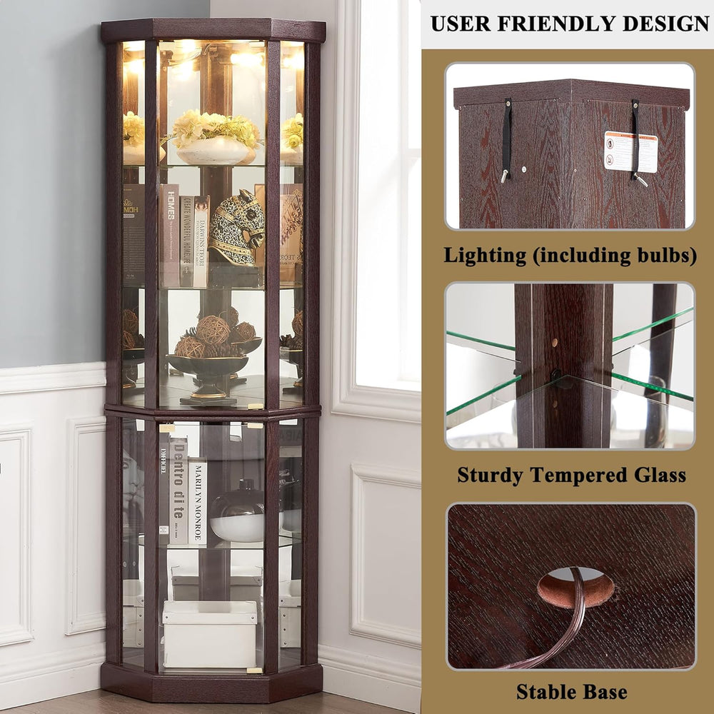 69" H Lighted Corner Display Cabinet, Curio Corner Glass Cabinet w/Adjus...