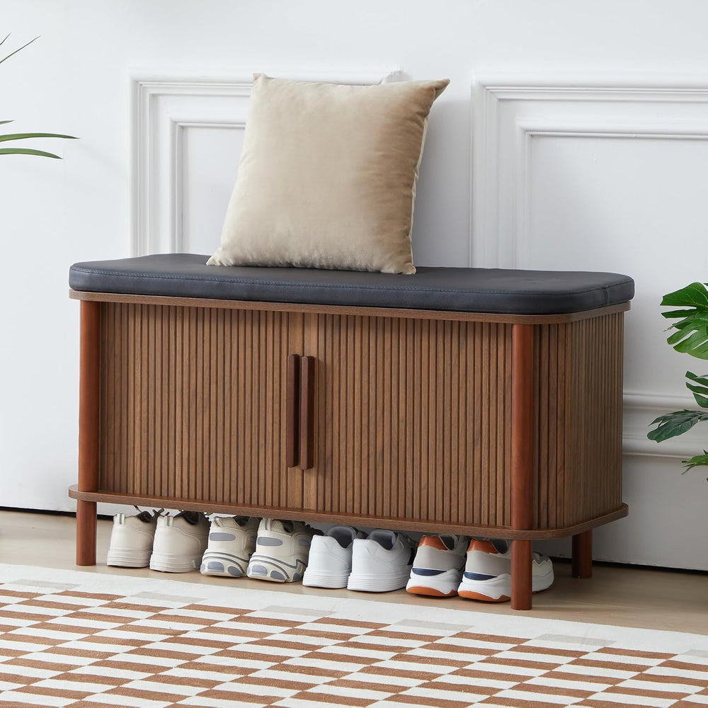 Shoe Bench, Entryway Shoe Cabinet with Leather Cushion and Sliding Door, Mode...