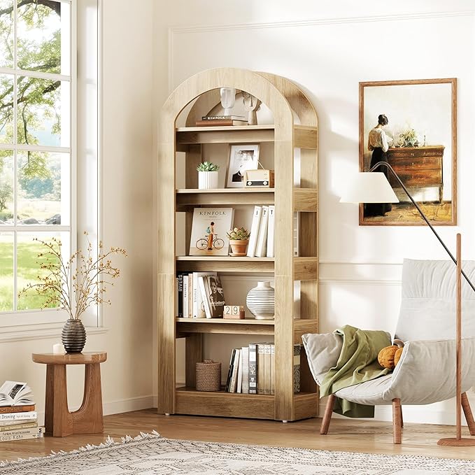 LITTLE TREE 5-Tier Bookshelf, Arch-Shaped Racks, Tall Standing Wooden Bookcase Display Shelf Modern Storage Solution (1, Teak Color)