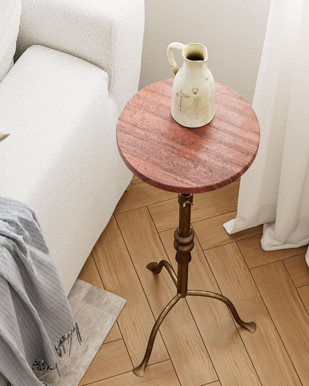 Adjustable Height Round Pedestal Table - 10x10x22-30 Inch, Red Travertine | T...
