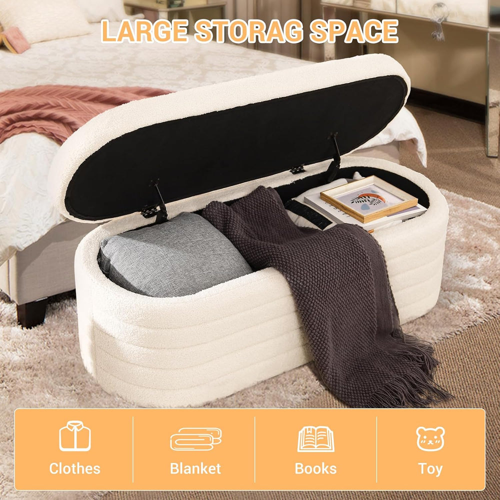 Teddy Sherpa Storage Ottoman Bench End of Bed, White | Modern Boucle, Oval De...