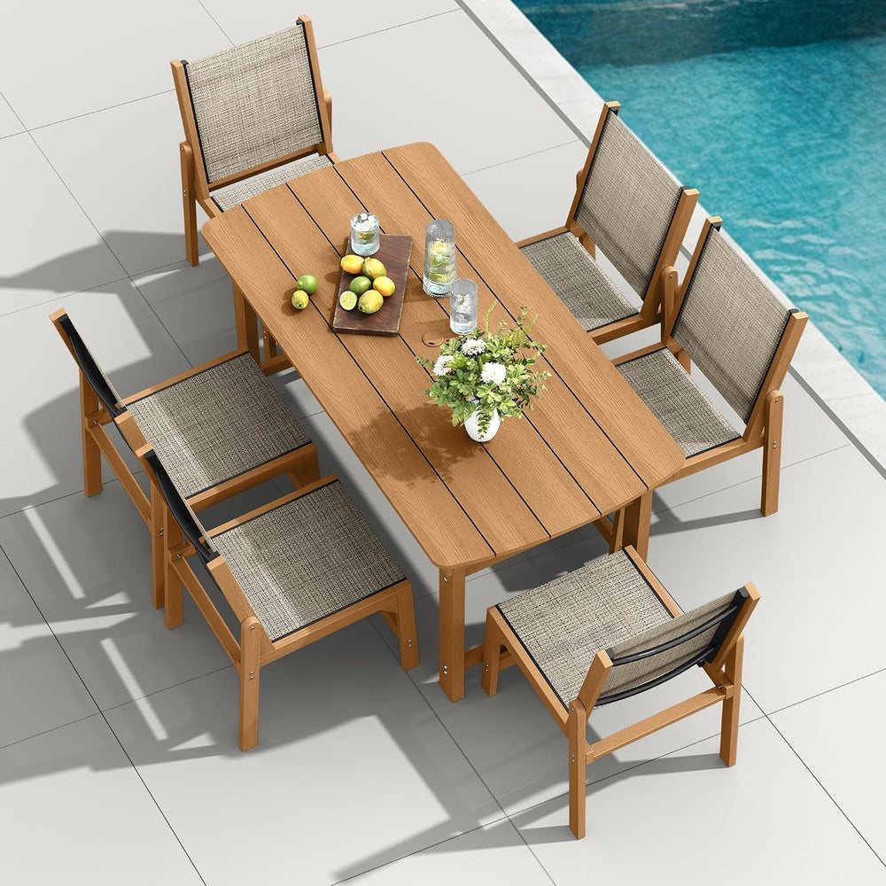 HDPE Outdoor Dining Set, Patio Table and 6 Stackable Armless Chairs, Teak