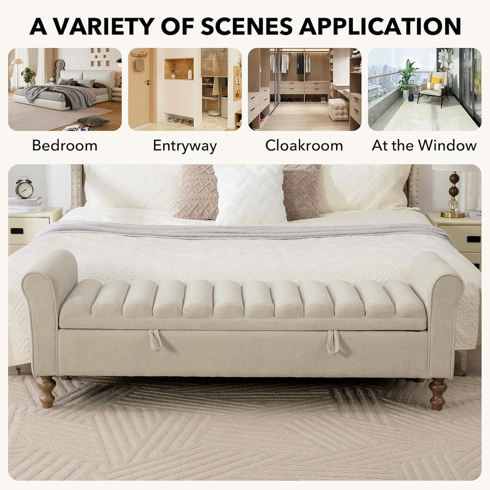 65" Oversize Storage Ottoman Bench, Fleece Upholstered End of Bed Benche...