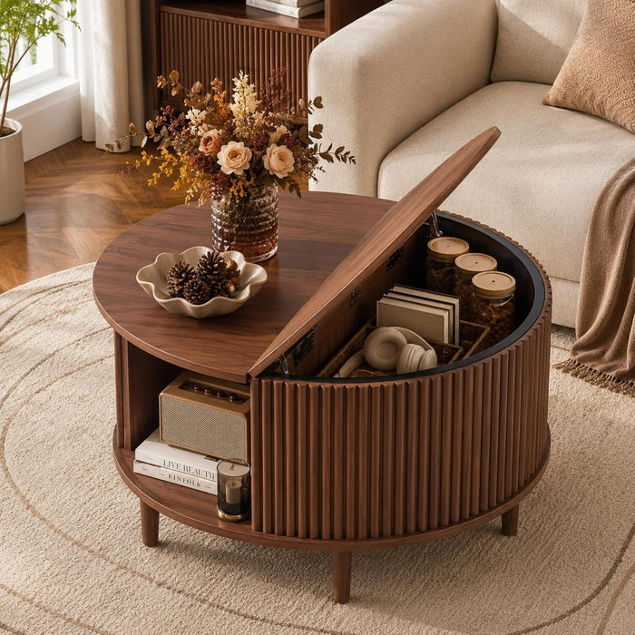 WLIVE 31.5" Round Coffee Table with Storage, Walnut Brown