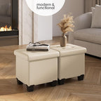 STORAGEBUD Storage Ottoman Cube with Small Bin, 16-in Square Ottoman with Storage for Living Room and Bedroom, Small Ottomans Foot Rest, Faux Leather Foot Stools Ottomans Max 330lbs, Beige