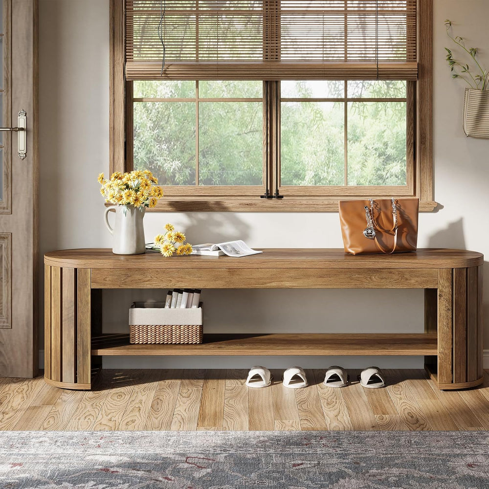 Tribesigns 63" Wooden Entryway Bench with Shoe Storage, Long 2-Tier Narr...