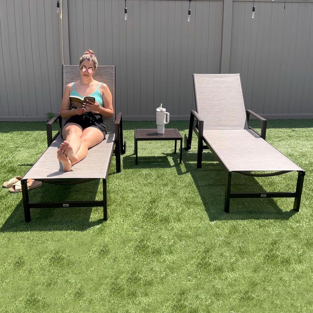 PURPLE LEAF Outdoor Chaise Lounge Chair with Armrests Bronze Aluminum Beige