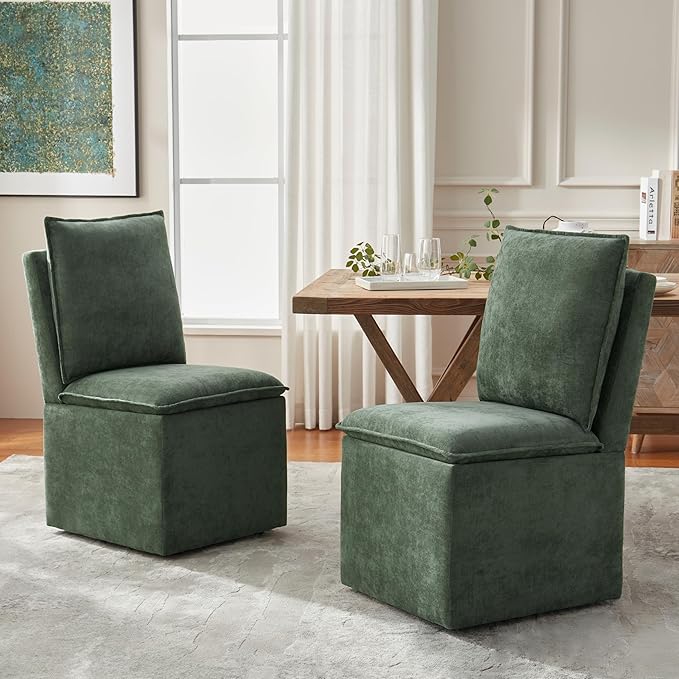 VKNOW Upholstered Dining Chairs Set of 2, Modern Rolling Chairs with Storage and Wheels, Linen Armless Chair with Cushion and Backrest, Dining Room Chairs for Living Room Kitchen Bedroom, Green