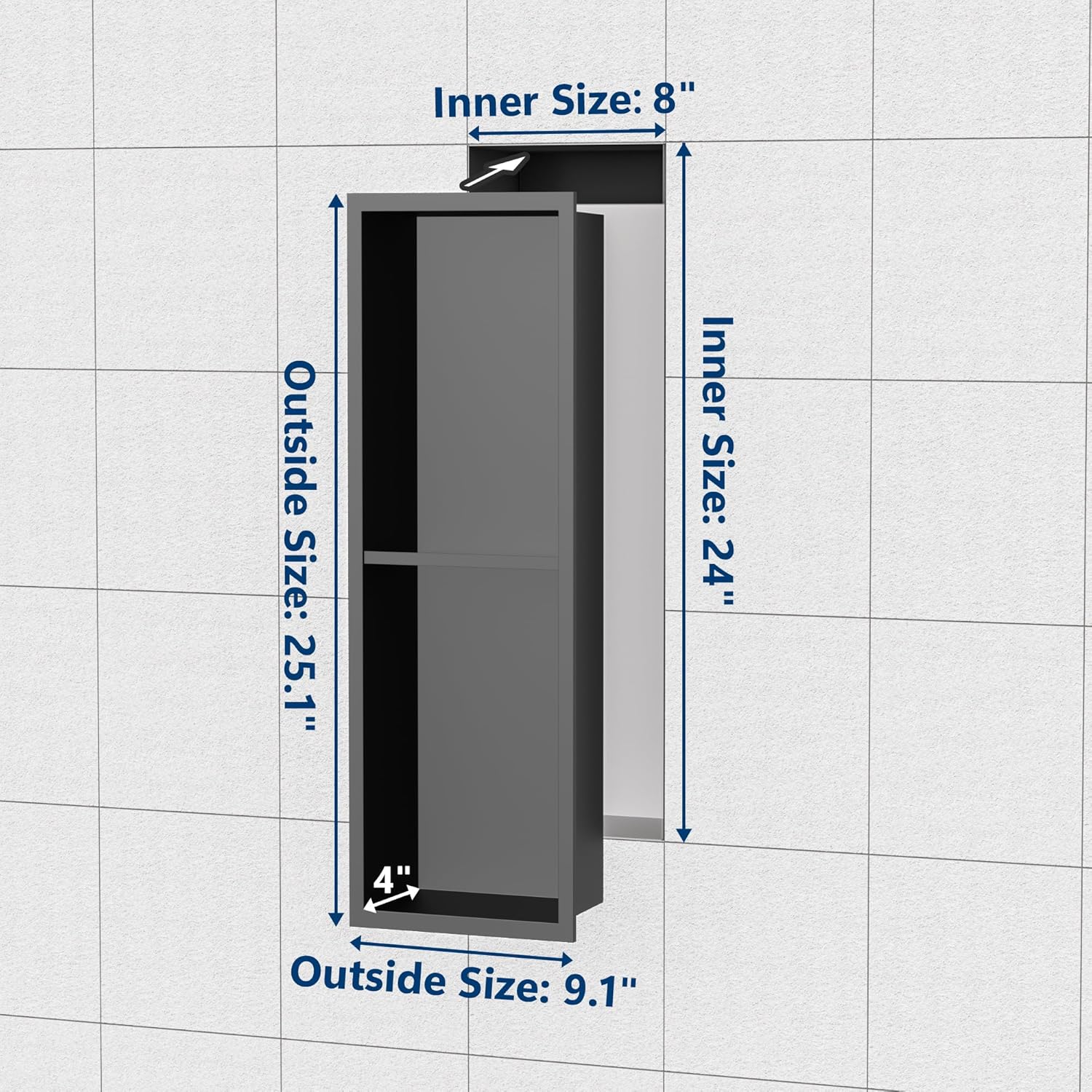 Stainless Steel Shower Niche 24" X 8", No Tile Needed Wall Niche Double Shelves, Recessed Shower Shelf for Bathroom Storage, Gun Metal
