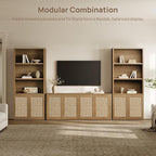 SICOTAS Rattan TV Stand for 65 70 inch TV - Large Entertainment Center TV Consoles for Living Room Bedroom, Farmhouse Television Stands with Storage Cabinet Boho Modular Media Console, Amber Oak