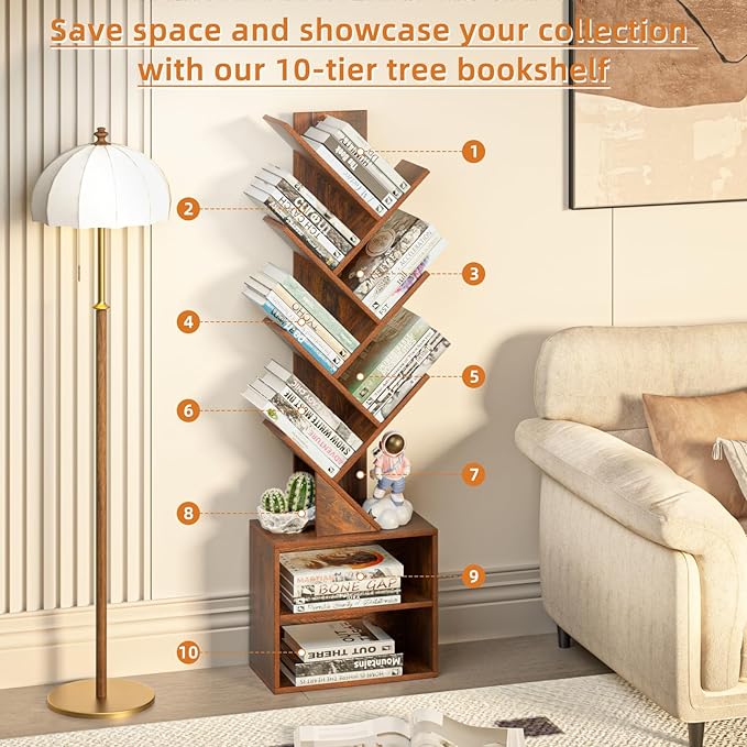 10 Tier Tree Bookshelf,Floor Standing Wood Tall Bookcase for Narrow Space, St...